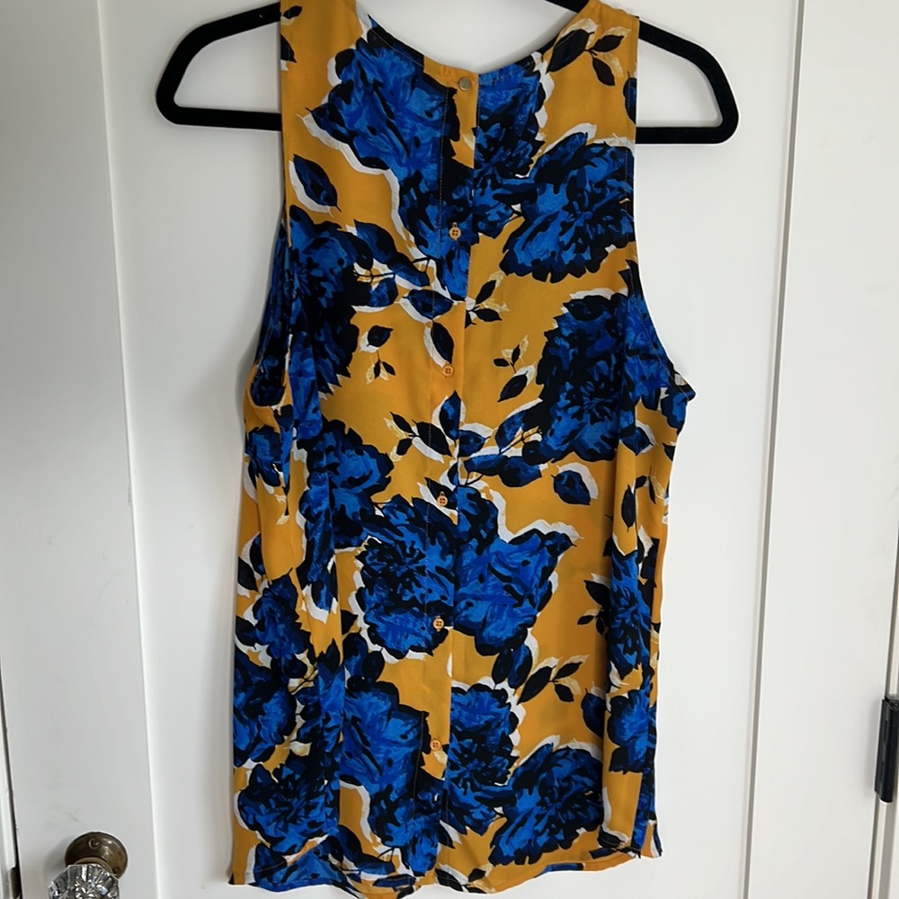 🕶️Blue Yellow Floral Silky Tank Top Back Buttons XL - Picture 7 of 7